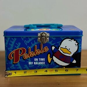 Rare Vintage 1990s Sanrio Pekkle Metal Tin Lunch Box "On Time Off Balance"